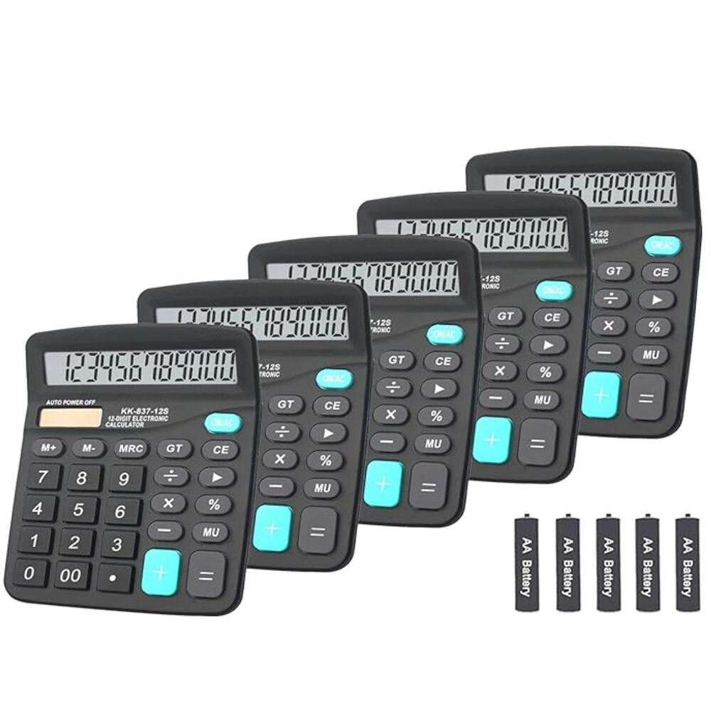 Calculators, Large Button Calculator with Angled LCD Display- Black/5 Pack
